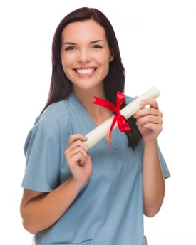 Nurse holding a certification with a red ribbon on it Nurse holding a certification with a red ribbon on it